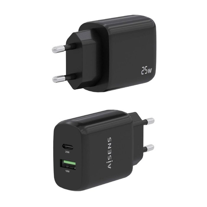 Aisens Cargador 25W con USB-C PD3.0 y USB-A QC3.0 Negro A110-0759 Aisens Cargador 25W con USB-C PD3.0 y USB-A QC3.0 Negro A110-0759
